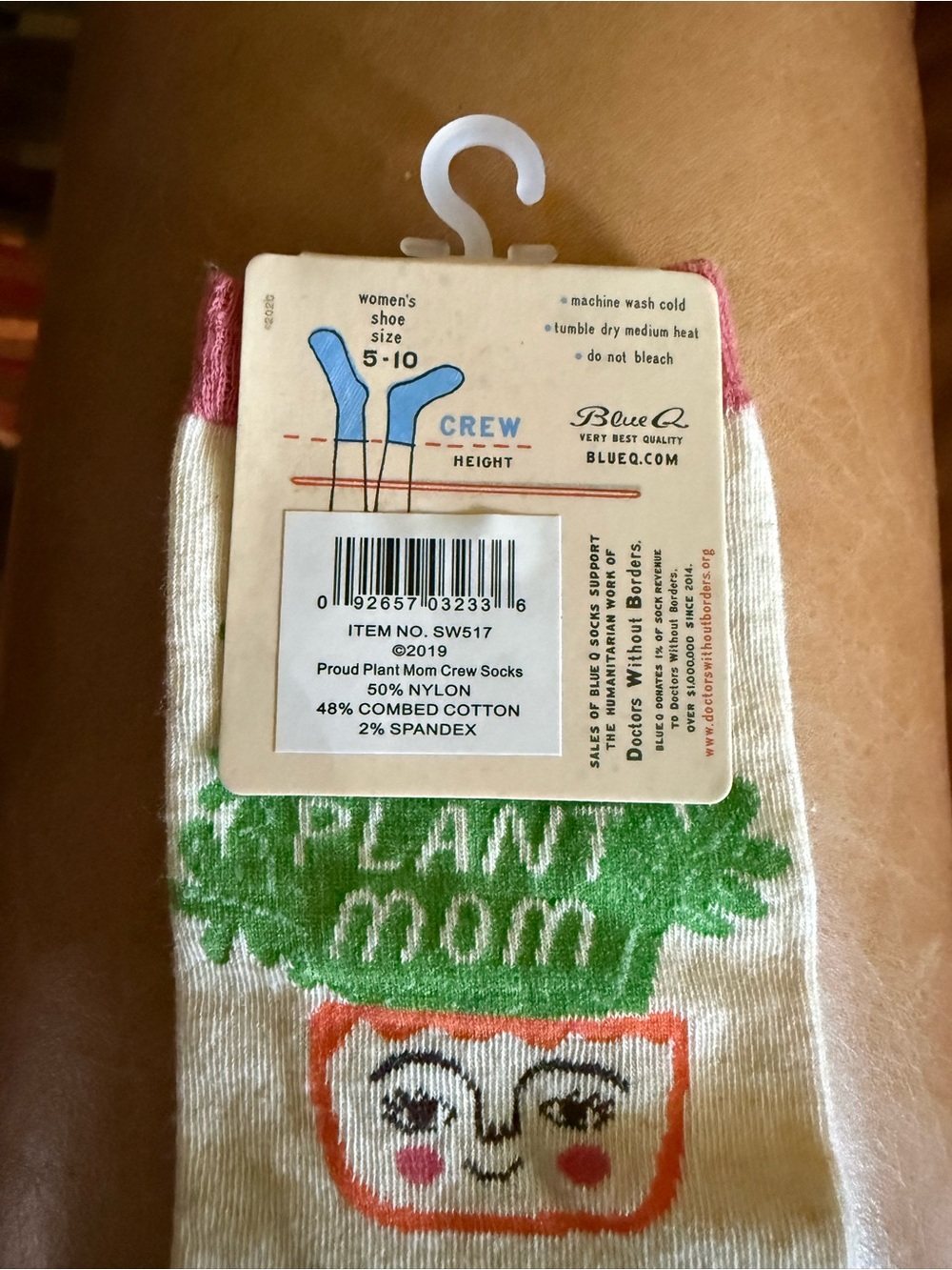 Blue Q Cream Crew Socks with Pink & Green Plant Design - Picture 2 of 3
